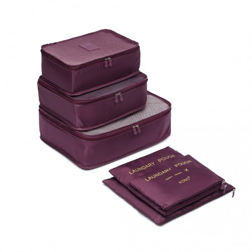 E2015 - Kono 6 Piece Polyester Travel Luggage Organiser Bag Set - Burgundy - Luggage eStore