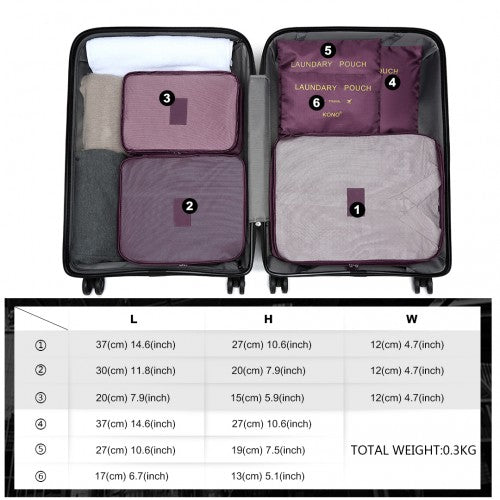 E2015 - Kono 6 Piece Polyester Travel Luggage Organiser Bag Set - Burgundy - Luggage eStore