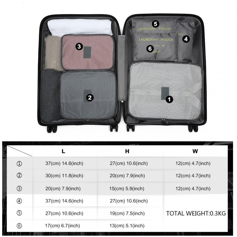E2015 - Kono 6 Piece Polyester Travel Luggage Organiser Bag Set - Grey - Luggage eStore