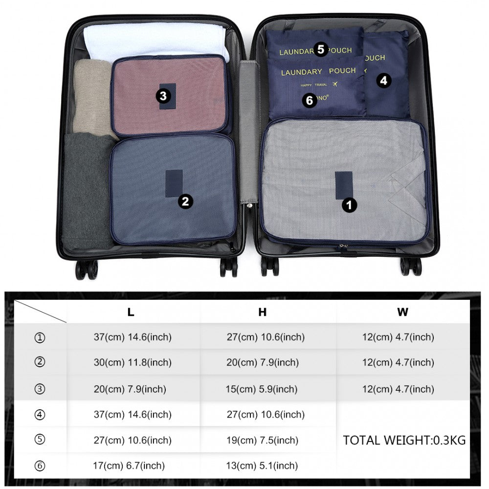 E2015 - Kono 6 Piece Polyester Travel Luggage Organiser Bag Set - Navy Blue - Luggage eStore