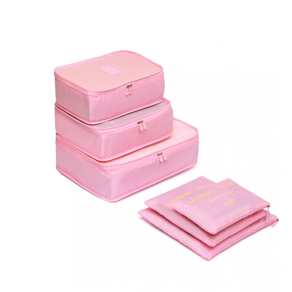 E2015 - Kono 6 Piece Polyester Travel Luggage Organiser Bag Set - Pink - Luggage eStore