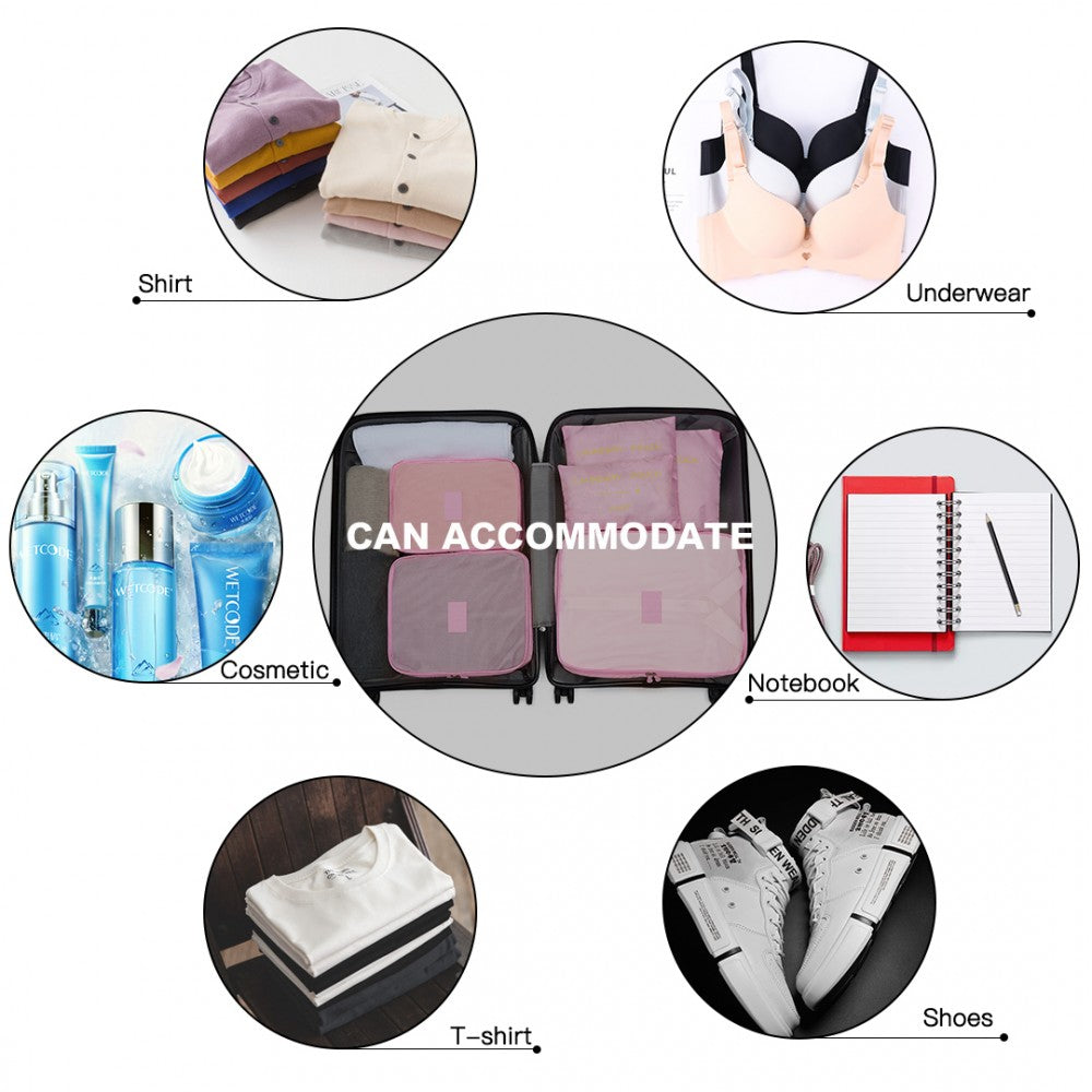 E2015 - Kono 6 Piece Polyester Travel Luggage Organiser Bag Set - Pink - Luggage eStore