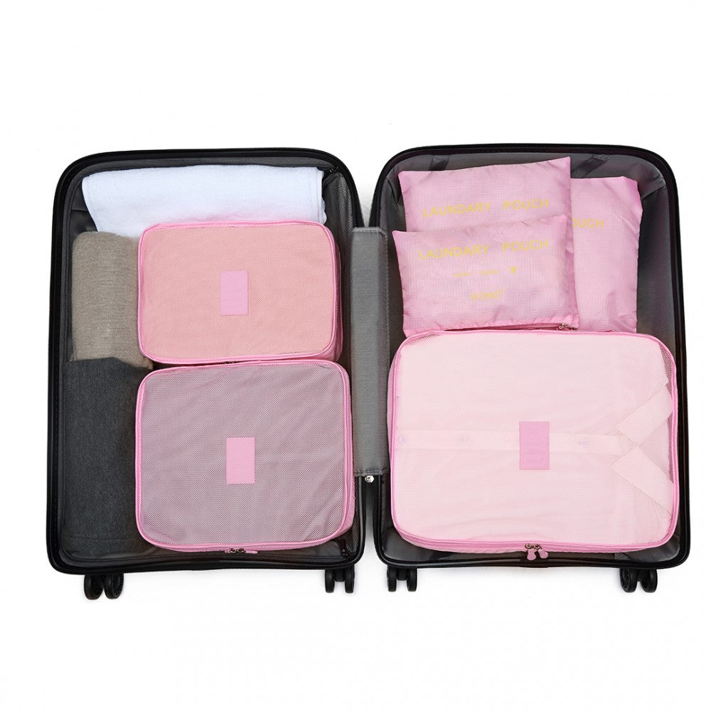 E2015 - Kono 6 Piece Polyester Travel Luggage Organiser Bag Set - Pink - Luggage eStore