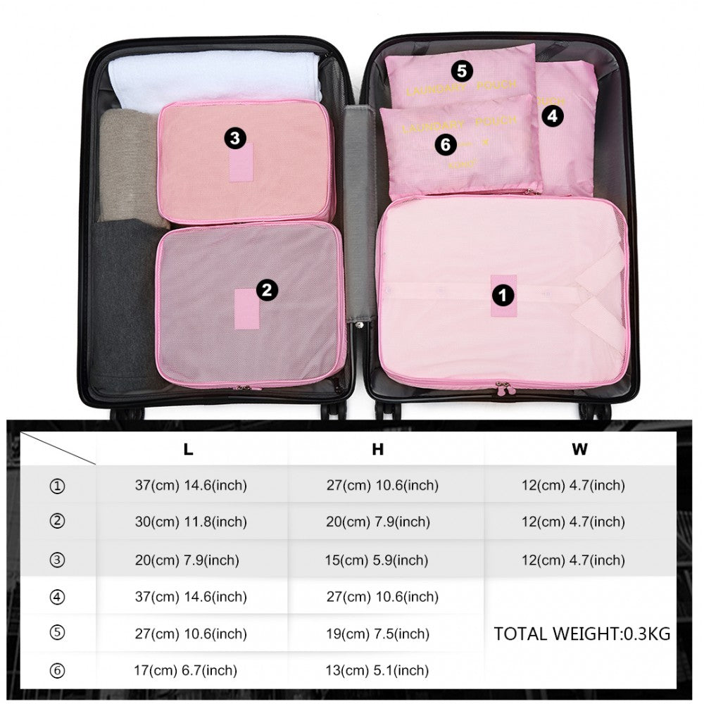 E2015 - Kono 6 Piece Polyester Travel Luggage Organiser Bag Set - Pink - Luggage eStore