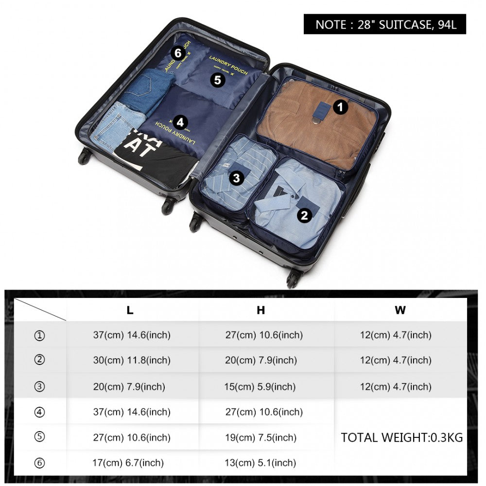 E6874-1 - Kono 6 Piece Polyester Travel Luggage Organiser Bag Set - Navy - Luggage eStore