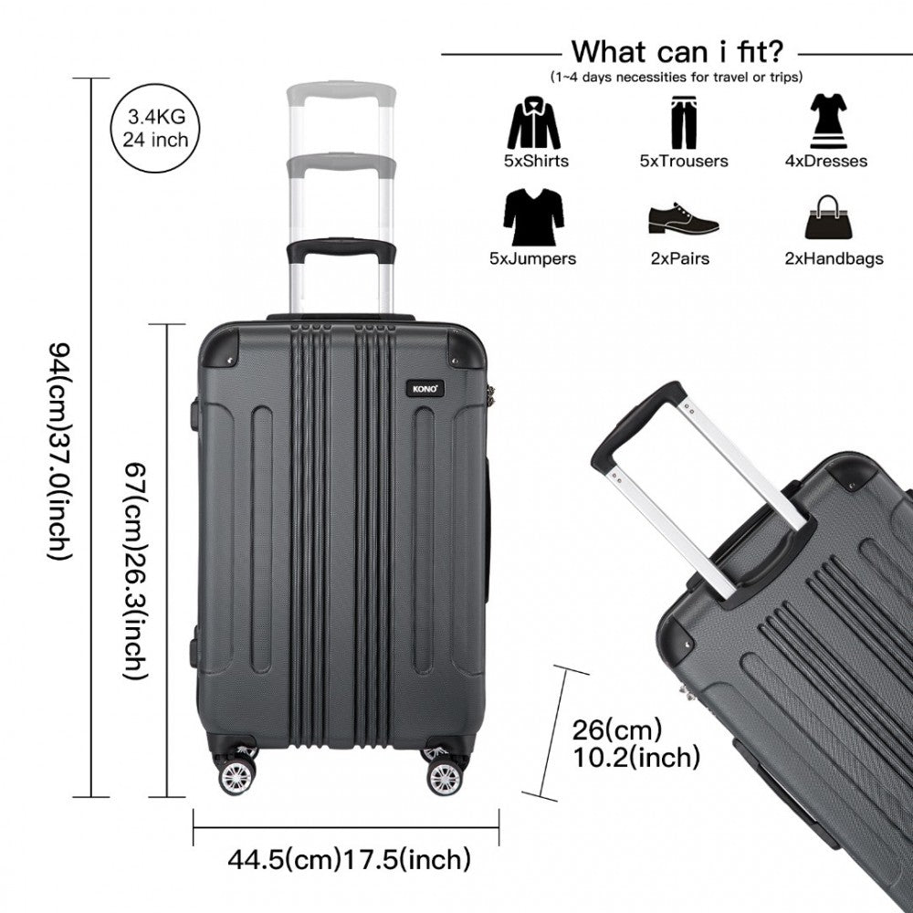 K1777-1L - Kono 24 Inch ABS Lightweight Compact Hard Shell Travel Luggage For Extended Journeys - Grey - Luggage eStore