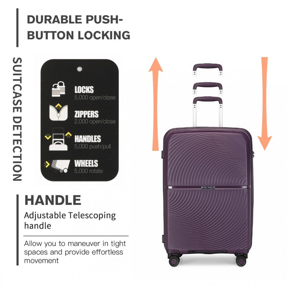 K2393L - British Traveller 20 Inch Spinner Hard Shell PP Suitcase With TSA Lock - Purple - Luggage eStore