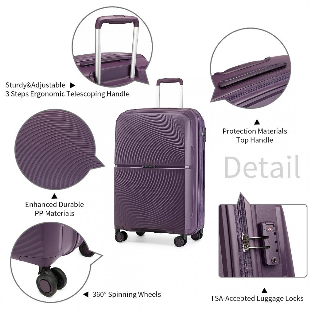 K2393L - British Traveller 20 Inch Spinner Hard Shell PP Suitcase With TSA Lock - Purple - Luggage eStore