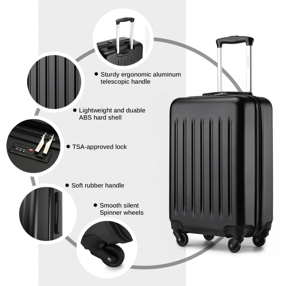 Kono KSK2477 Cabin Luggage in Black (54.5x34.5x21.5cm) - Expandable ABS Vertical Textured Hard Shell Suitcase with Secure 3-Digit Lock