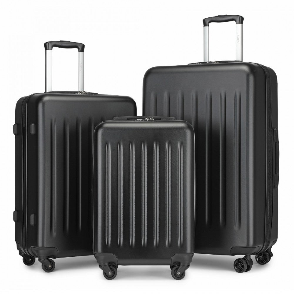 Kono KSK2477 3-Piece Luggage Set in Black - Expandable ABS Vertical Textured Hard Shell Suitcase with Secure 3-Digit Lock