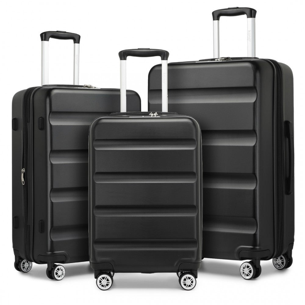 KSK2482 - Kono 3-Piece Horizontal Engraved Hard Shell ABS+PC Suitcase with TSA Lock - Black - Luggage eStore