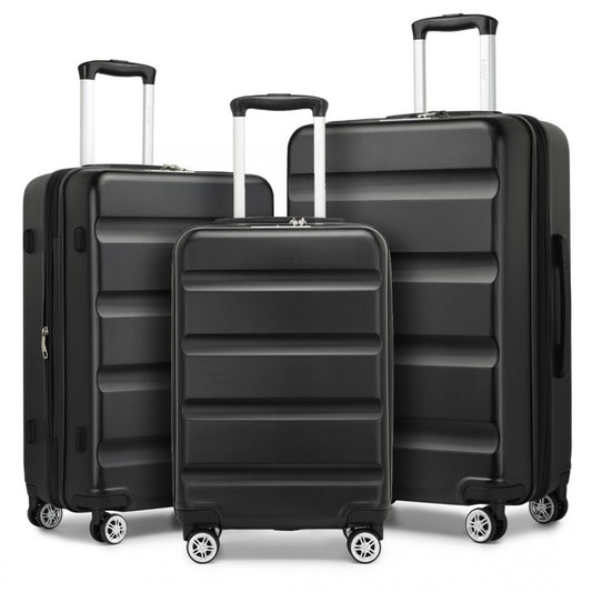 Kono KSK2482 3-Piece Luggage Set in Black - Hard Shell ABS+PC Suitcases with TSA Lock - Three-piece black hard shell luggage set with telescopic handles and spinner wheels.
