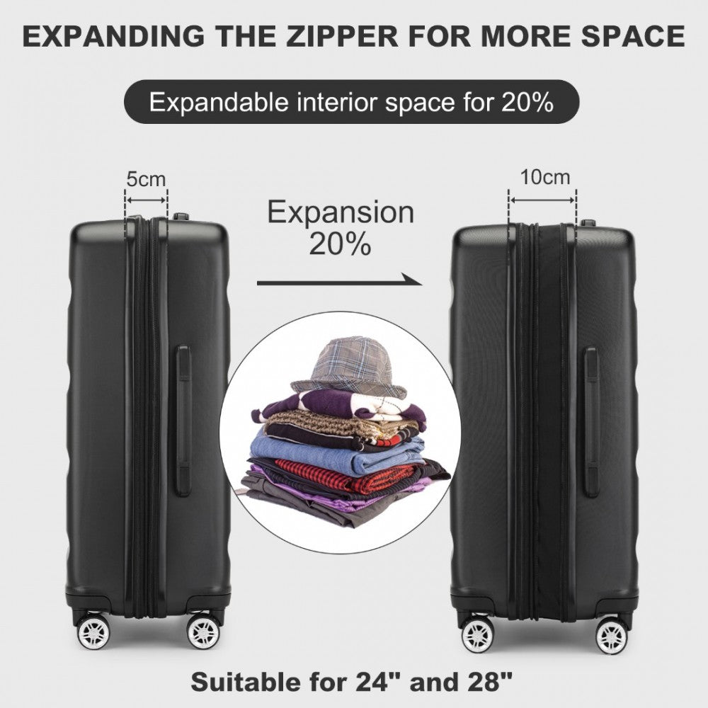 KSK2482 - Kono 3-Piece Horizontal Engraved Hard Shell ABS+PC Suitcase with TSA Lock - Black - Luggage eStore