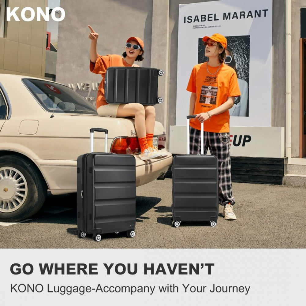 KSK2482 - Kono 3-Piece Horizontal Engraved Hard Shell ABS+PC Suitcase with TSA Lock - Black - Luggage eStore