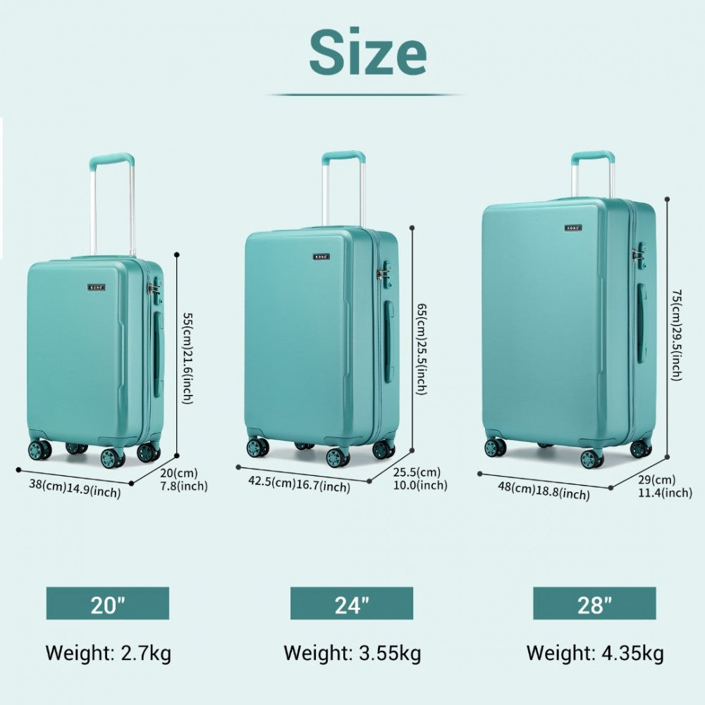 KSK2494 - Kono 3-Piece Minimalist Hard Shell ABS+PC Luggage Set with TSA Lock and 360° Spinner Wheels - Blue - Luggage eStore