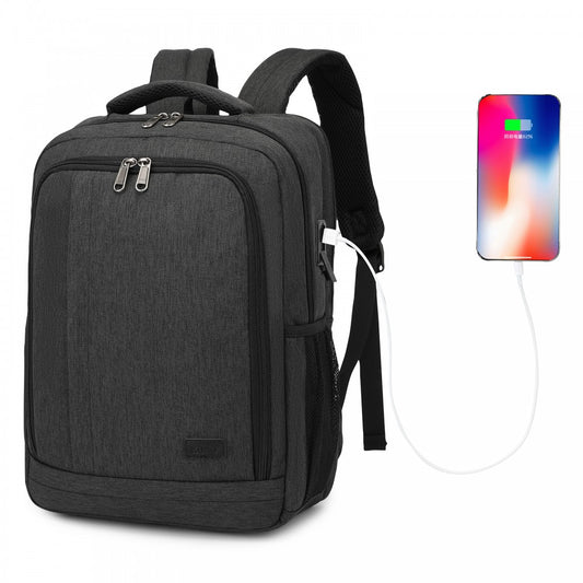 Kono BPK2442 Backpack in Black - Features Anti-Theft Pocket, Laptop Compartment and a USB & Type-C Port