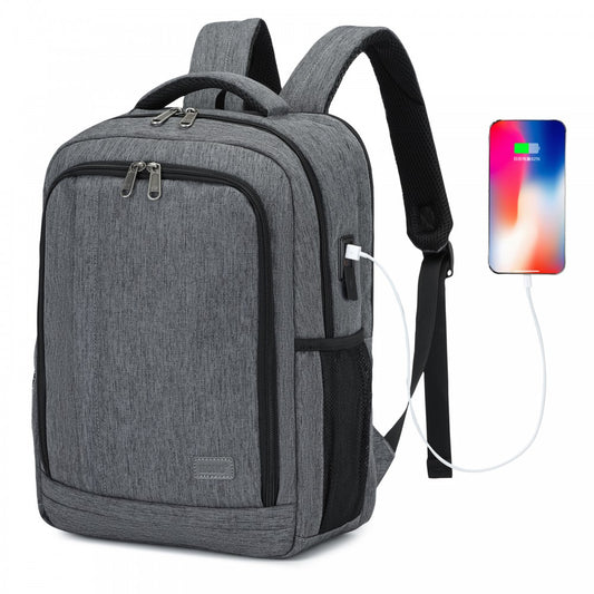 Kono BPK2442 Backpack in Grey - Features Anti-Theft Pocket, Laptop Compartment and a USB & Type-C Port