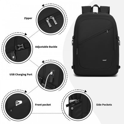 Kono BPK2501 Backpack in Black - Modern Urban Style Laptop Backpack with USB & Type-C Charging Port
