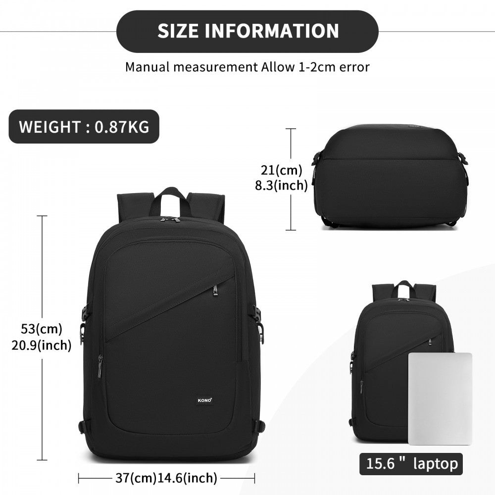 Kono BPK2501 Backpack in Black - Modern Urban Style Laptop Backpack with USB & Type-C Charging Port