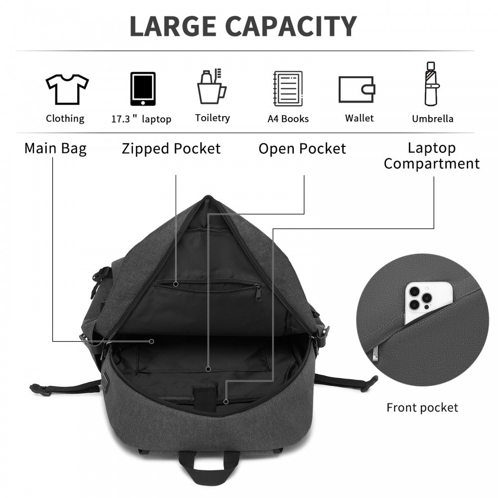 Kono BPK2501 Backpack in Dark Grey - Modern Urban Style Laptop Backpack with USB & Type-C Charging Port
