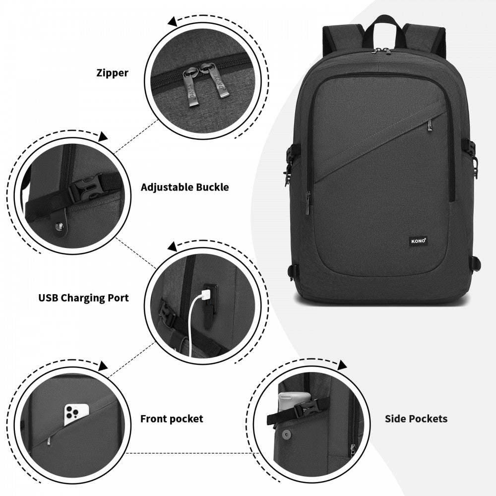 Kono BPK2501 Backpack in Dark Grey - Modern Urban Style Laptop Backpack with USB & Type-C Charging Port
