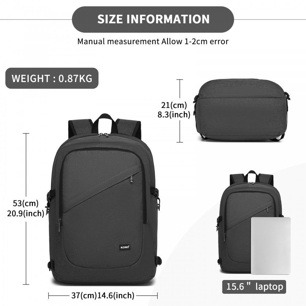 Kono BPK2501 Backpack in Dark Grey - Modern Urban Style Laptop Backpack with USB & Type-C Charging Port
