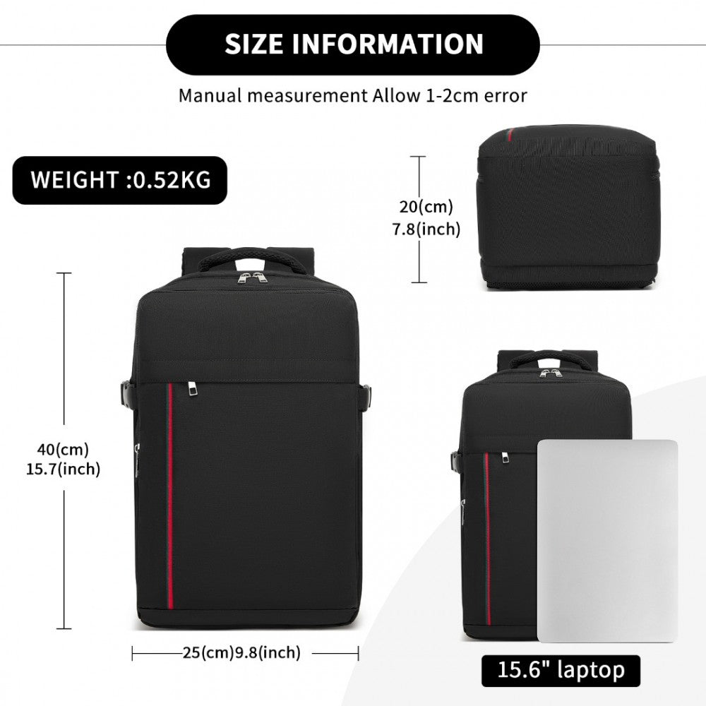 Kono BPK2504 Backpack in Black with Red Trim - Water-Resistant Cabin Backpack for 15.6” Laptops