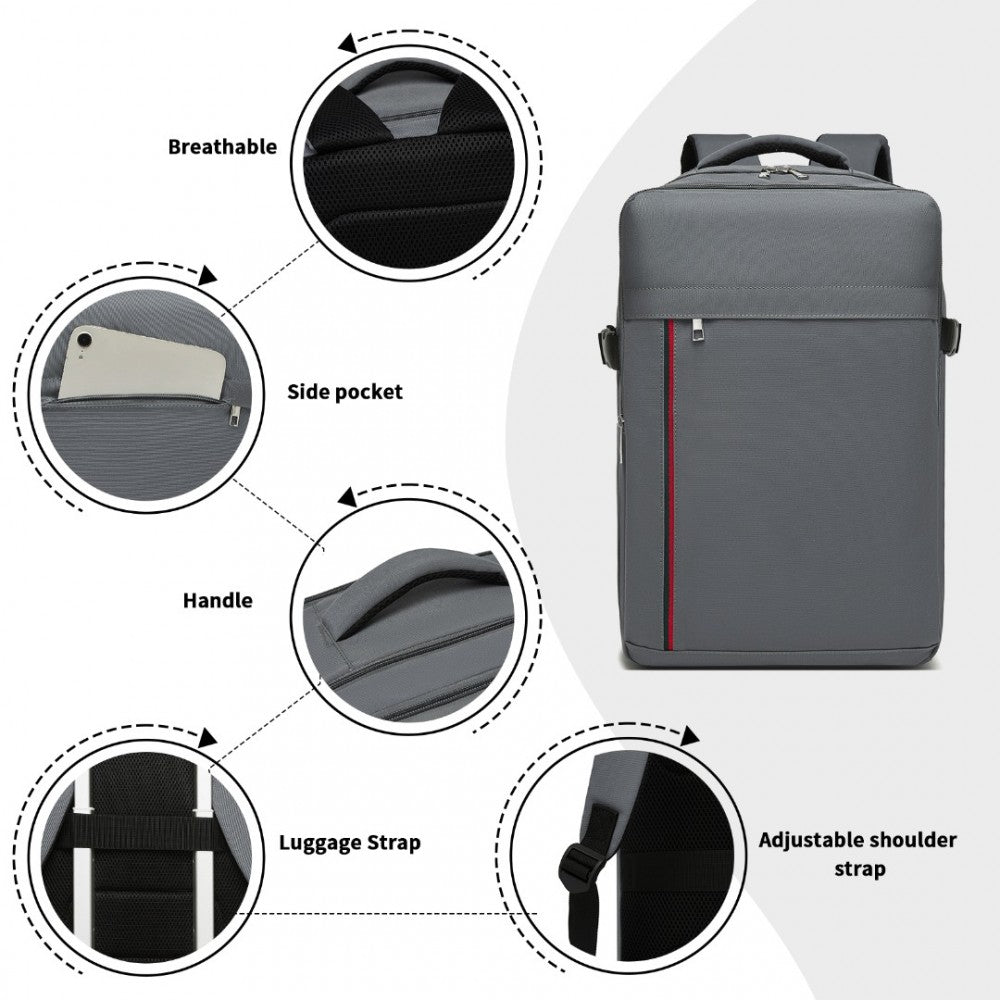 Kono BPK2504 Backpack in Grey with Red Trim - Water-Resistant Cabin Backpack for 15.6” Laptops