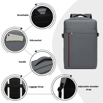 Kono BPK2504 Backpack in Grey with Red Trim - Water-Resistant Cabin Backpack for 15.6” Laptops