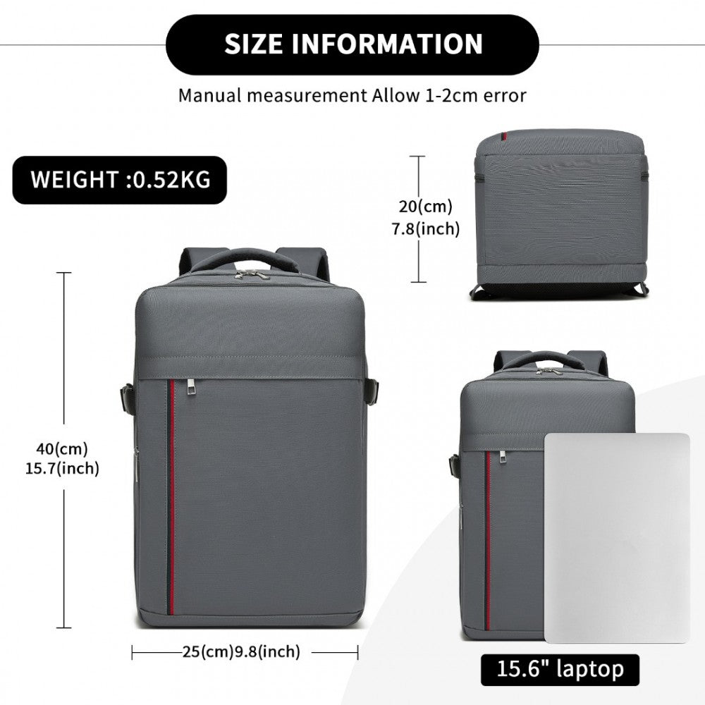 Kono BPK2504 Backpack in Grey with Red Trim - Water-Resistant Cabin Backpack for 15.6” Laptops