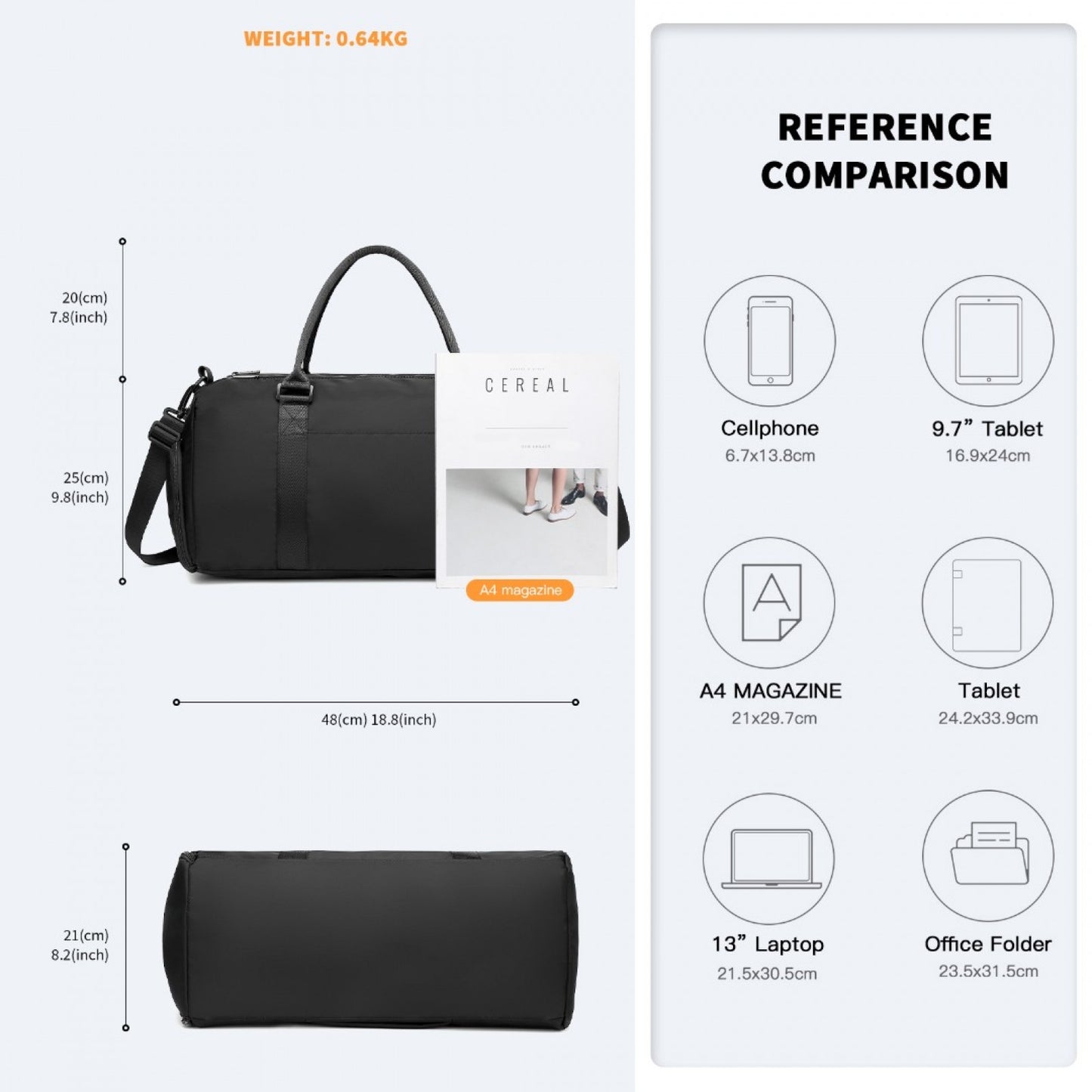 Kono EA2213 Waterproof Duffle Bag in Black – Lightweight Holdall for Gym, Travel & Weekend Use