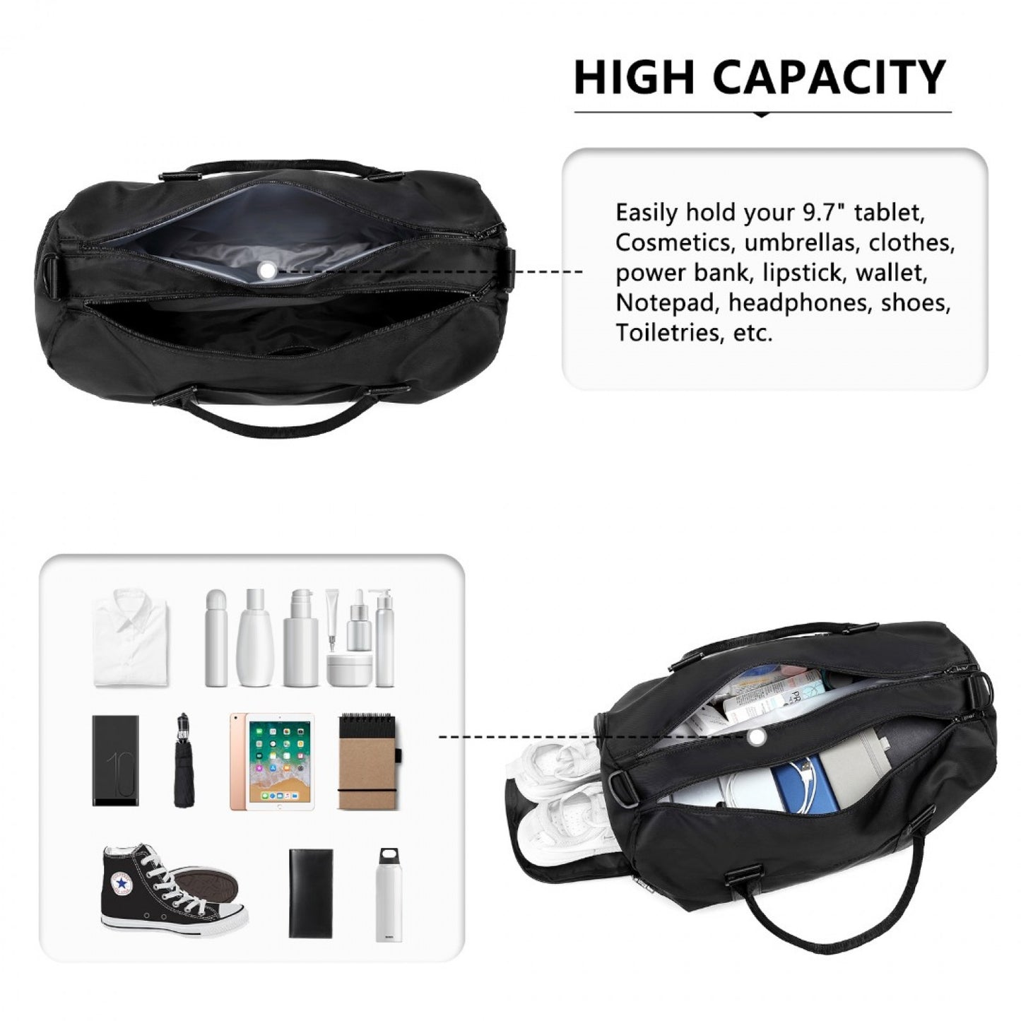 Kono EA2213 Waterproof Duffle Bag in Black – Lightweight Holdall for Gym, Travel & Weekend Use