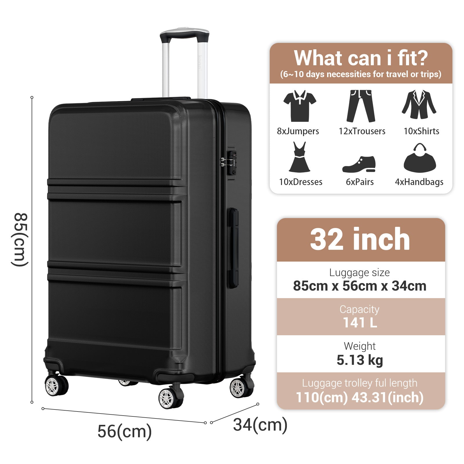 K1871-1L - Kono ABS+PC 32 Inch Extra-Large Suitcase, Sculpted Horizontal Design, Hard-Shell Wheeled Luggage with Telescopic Handle - Black - Luggage eStore