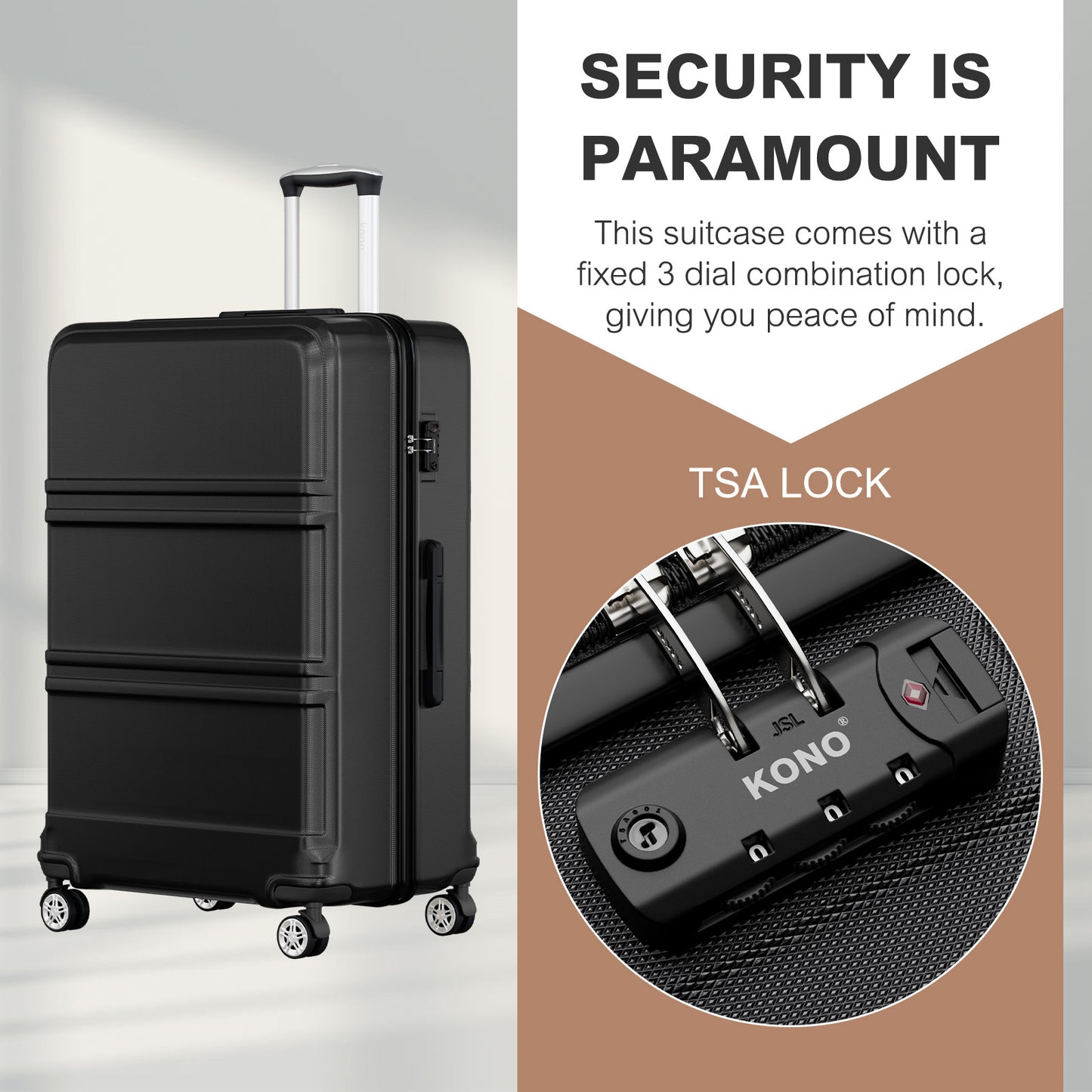K1871-1L - Kono ABS+PC 32 Inch Extra-Large Suitcase, Sculpted Horizontal Design, Hard-Shell Wheeled Luggage with Telescopic Handle - Black - Luggage eStore