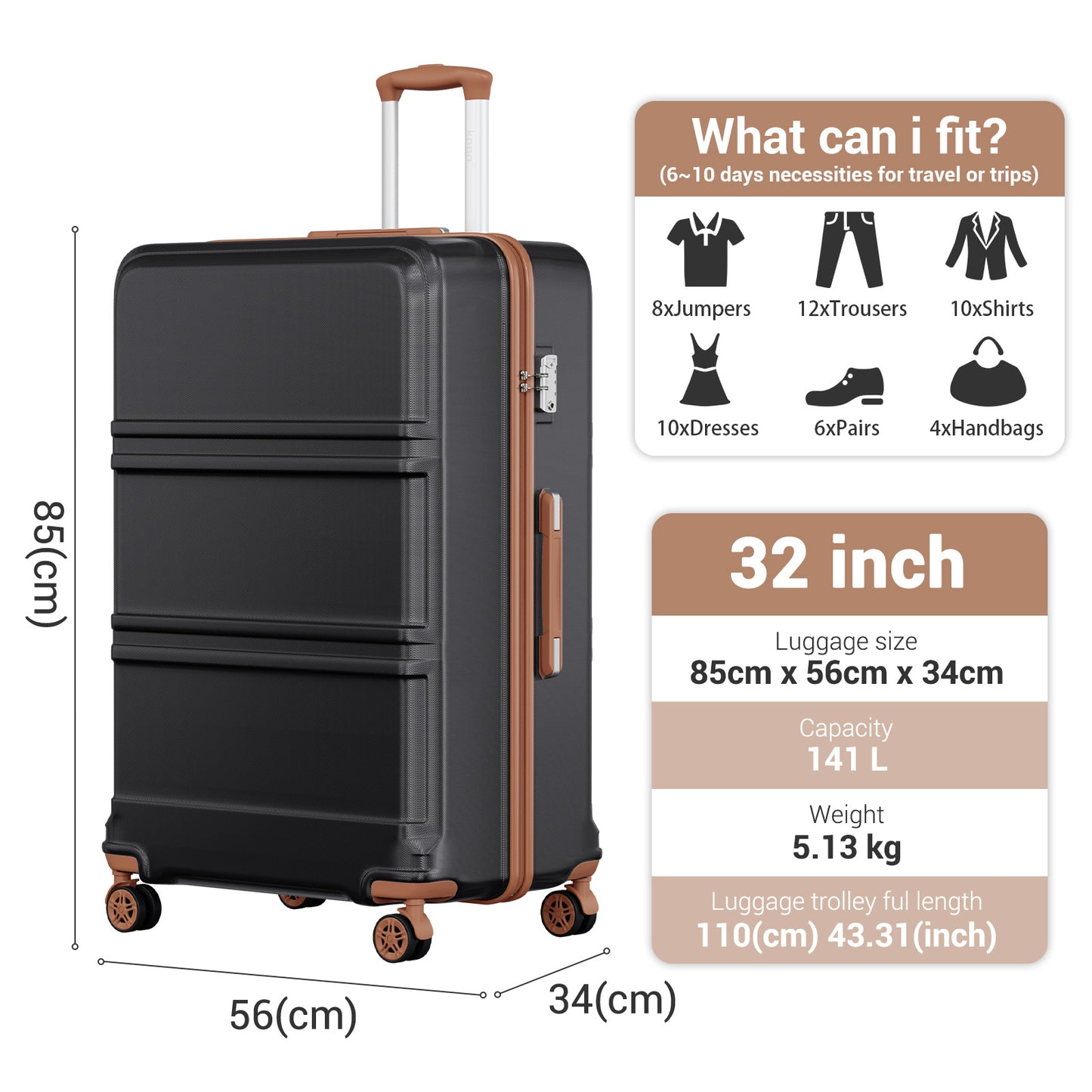 K1871-1L - Kono ABS+PC 32 Inch Extra-Large Suitcase, Sculpted Horizontal Design, Hard-Shell Wheeled Luggage with Telescopic Handle - Black and Brown - Luggage eStore