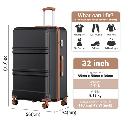 K1871-1L - Kono ABS+PC 32 Inch Extra-Large Suitcase, Sculpted Horizontal Design, Hard-Shell Wheeled Luggage with Telescopic Handle - Black and Brown - Luggage eStore