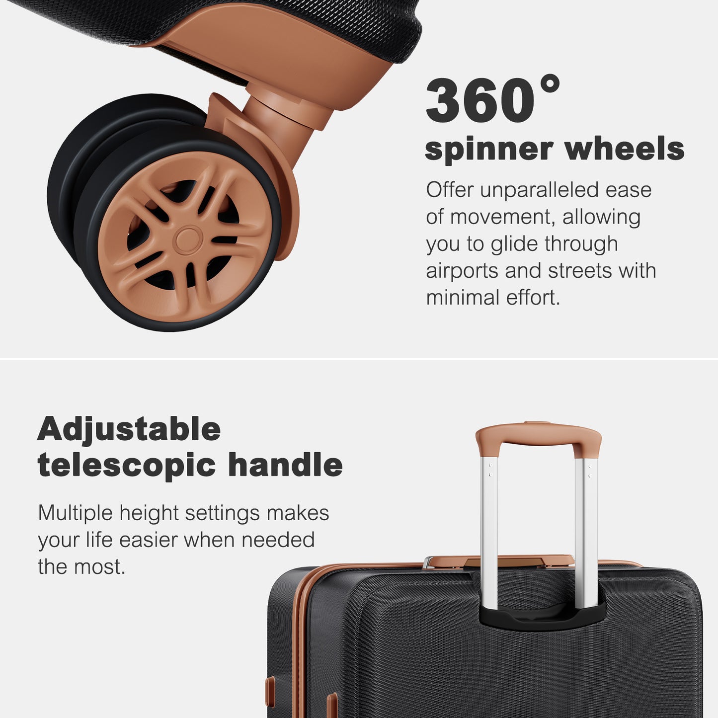 K1871-1L - Kono ABS+PC 32 Inch Extra-Large Suitcase, Sculpted Horizontal Design, Hard-Shell Wheeled Luggage with Telescopic Handle - Black and Brown - Luggage eStore