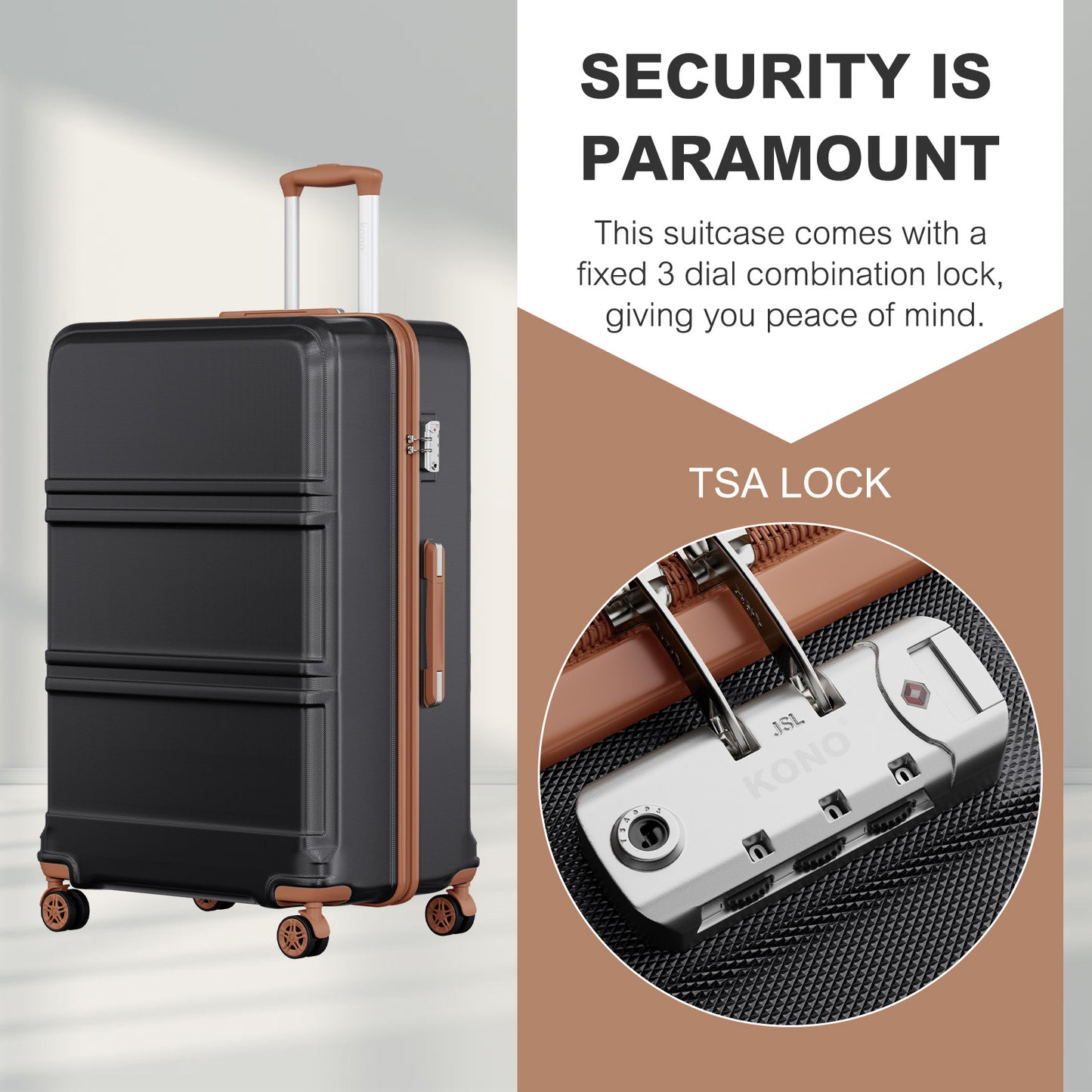 K1871-1L - Kono ABS+PC 32 Inch Extra-Large Suitcase, Sculpted Horizontal Design, Hard-Shell Wheeled Luggage with Telescopic Handle - Black and Brown - Luggage eStore