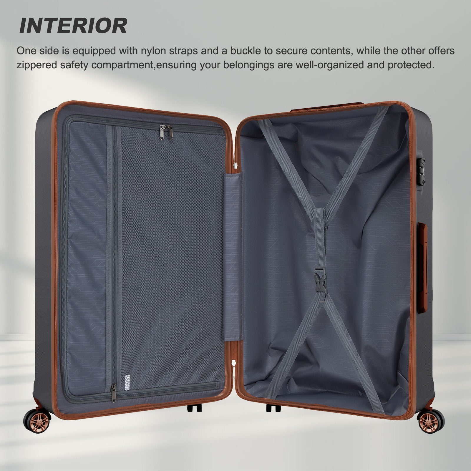 K1871-1L - Kono ABS+PC 32 Inch Extra-Large Suitcase, Sculpted Horizontal Design, Hard-Shell Wheeled Luggage with Telescopic Handle - Black and Brown - Luggage eStore