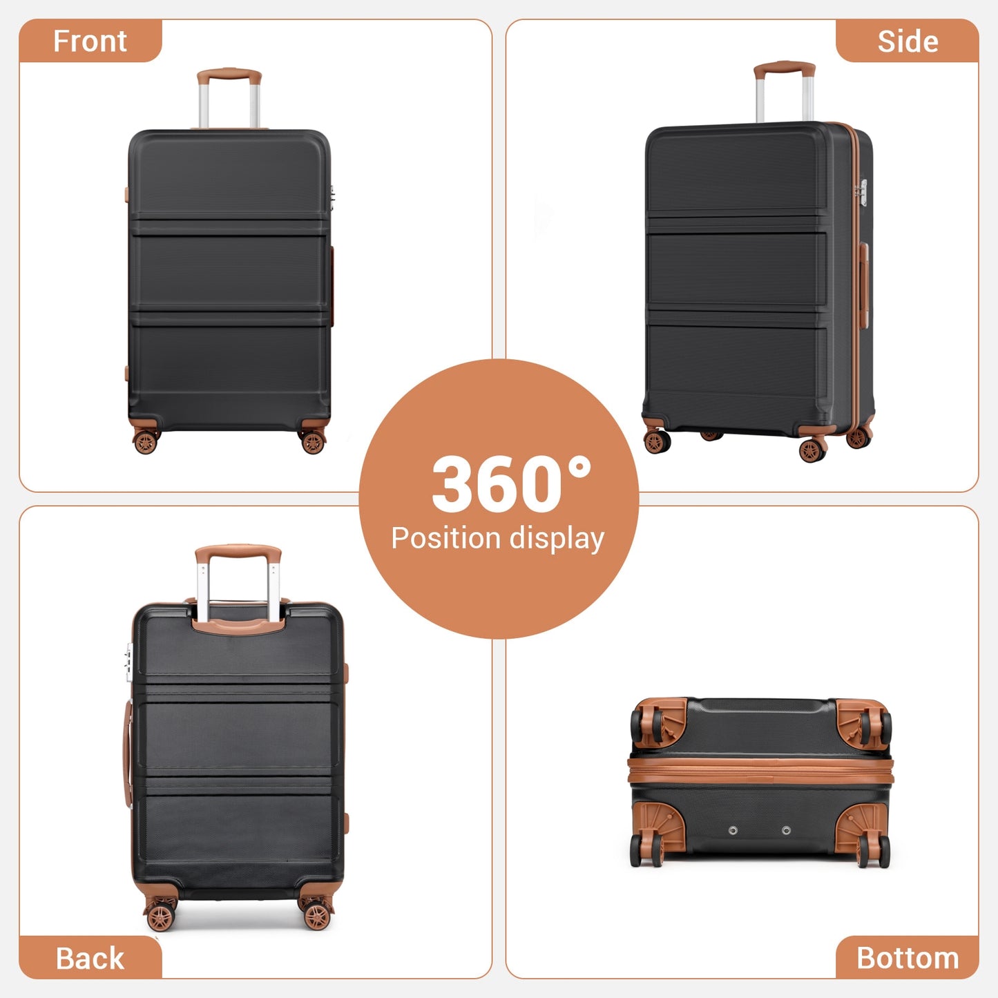 K1871-1L - Kono ABS+PC 32 Inch Extra-Large Suitcase, Sculpted Horizontal Design, Hard-Shell Wheeled Luggage with Telescopic Handle - Black and Brown - Luggage eStore