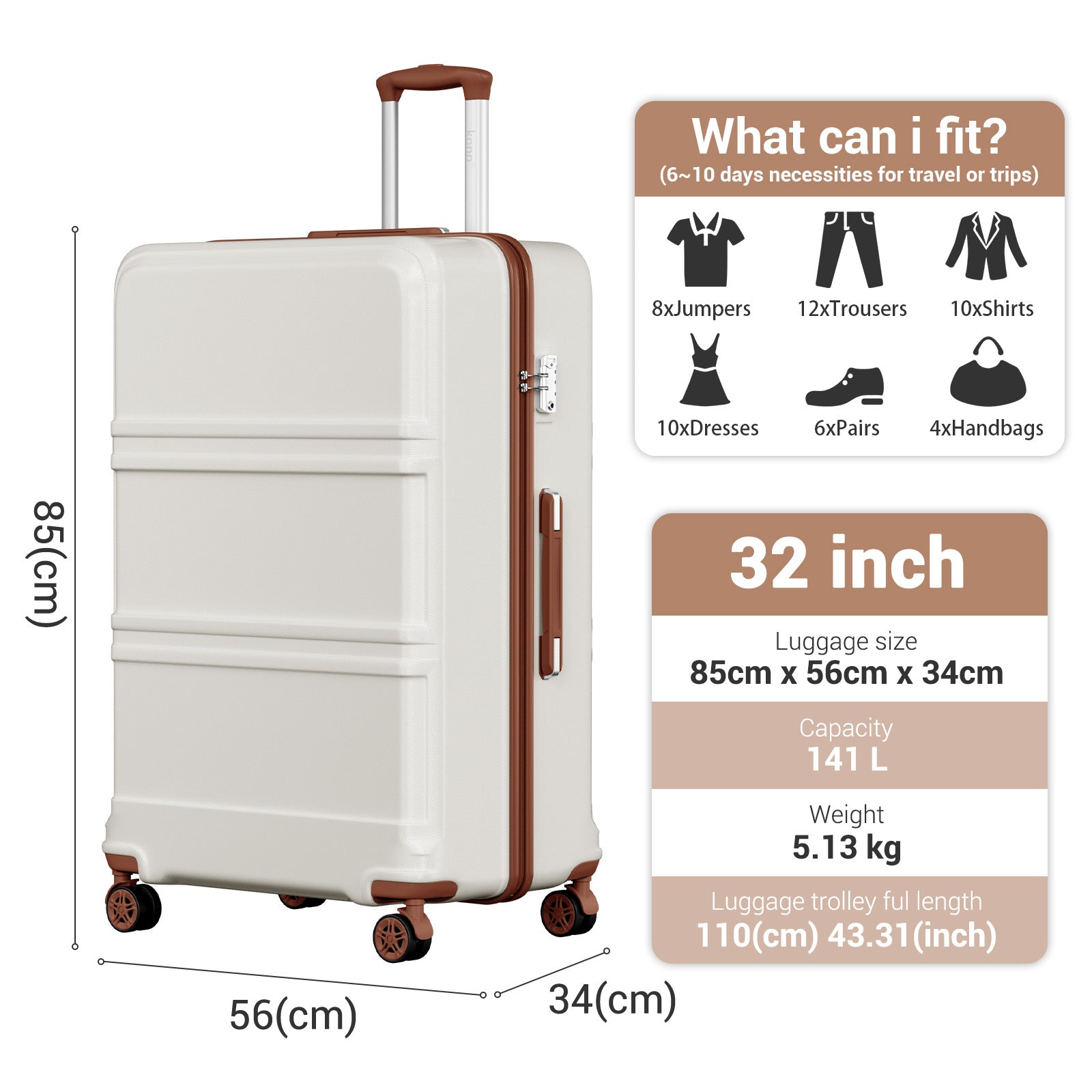 K1871-1L - Kono ABS+PC 32 Inch Extra-Large Suitcase, Sculpted Horizontal Design, Hard-Shell Wheeled Luggage with Telescopic Handle - Cream - Luggage eStore