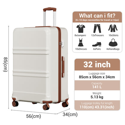 K1871-1L - Kono ABS+PC 32 Inch Extra-Large Suitcase, Sculpted Horizontal Design, Hard-Shell Wheeled Luggage with Telescopic Handle - Cream - Luggage eStore