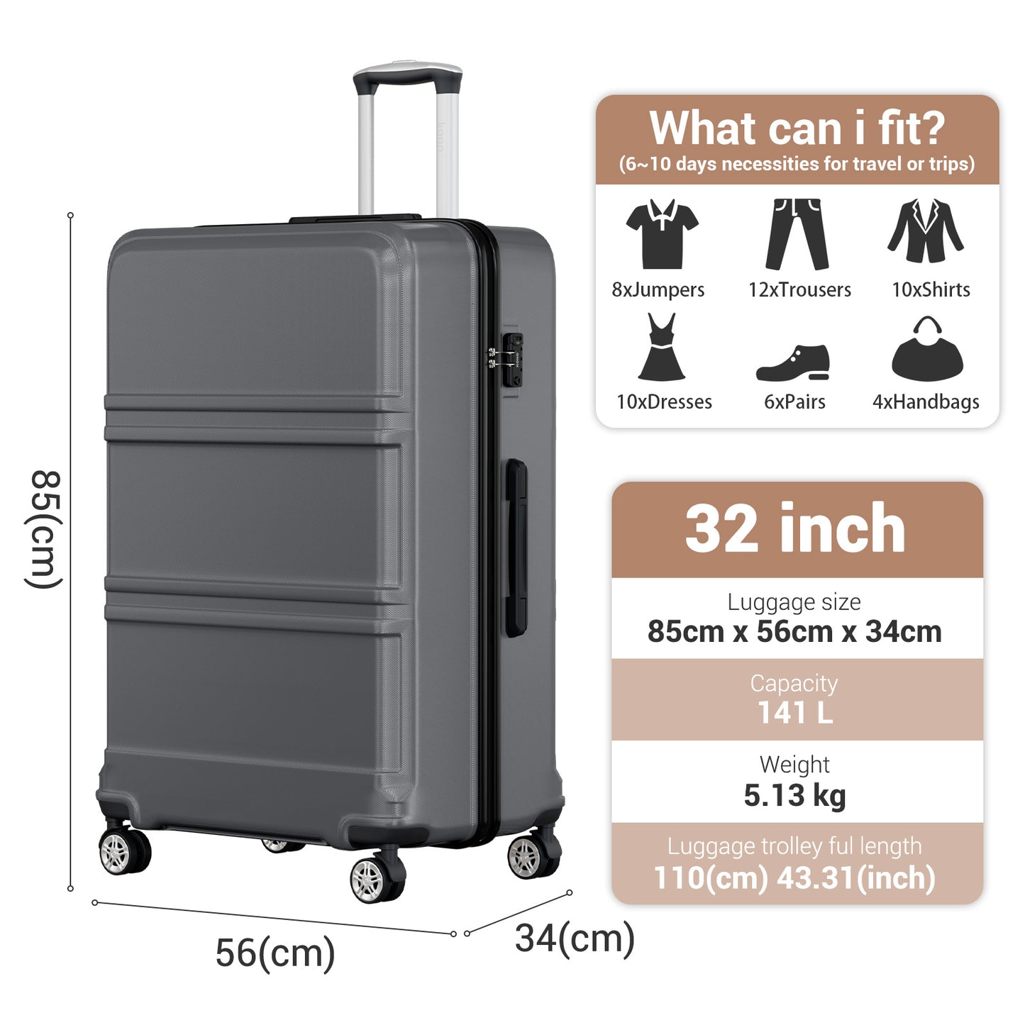 K1871-1L - Kono ABS+PC 32 Inch Extra-Large Suitcase, Sculpted Horizontal Design, Hard-Shell Wheeled Luggage with Telescopic Handle - Grey - Luggage eStore
