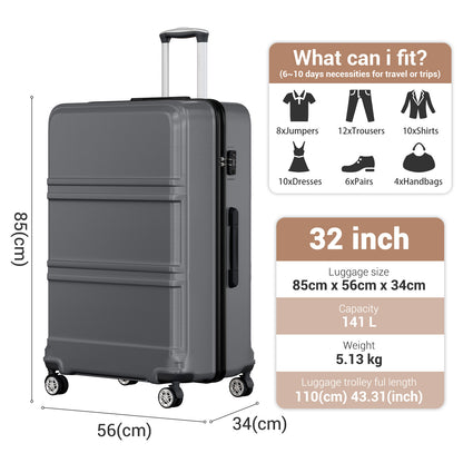 K1871-1L - Kono ABS+PC 32 Inch Extra-Large Suitcase, Sculpted Horizontal Design, Hard-Shell Wheeled Luggage with Telescopic Handle - Grey - Luggage eStore