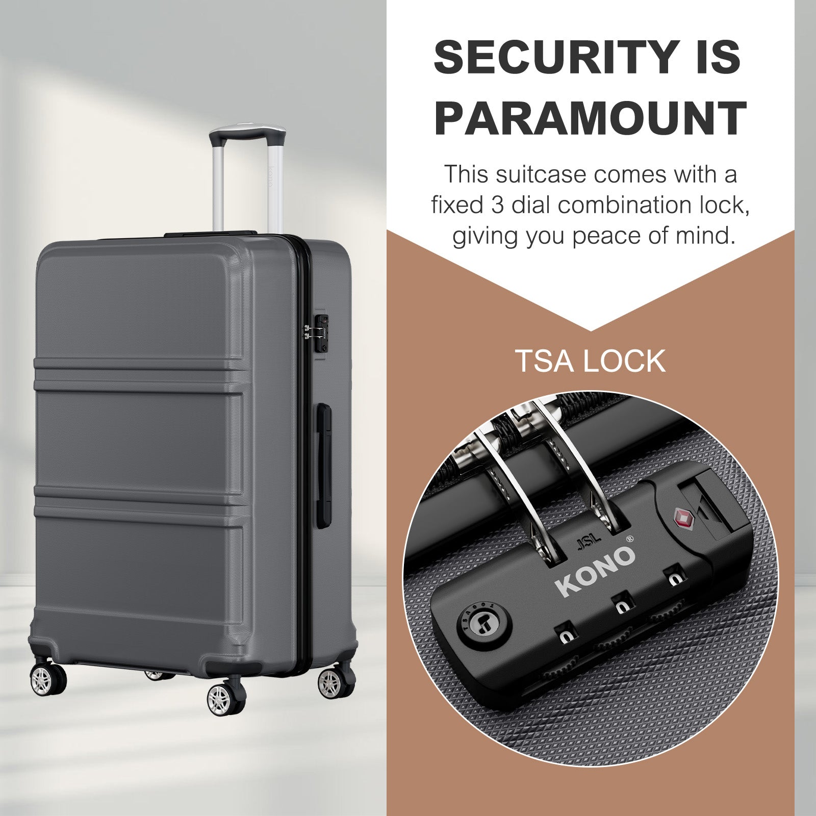 K1871-1L - Kono ABS+PC 32 Inch Extra-Large Suitcase, Sculpted Horizontal Design, Hard-Shell Wheeled Luggage with Telescopic Handle - Grey - Luggage eStore