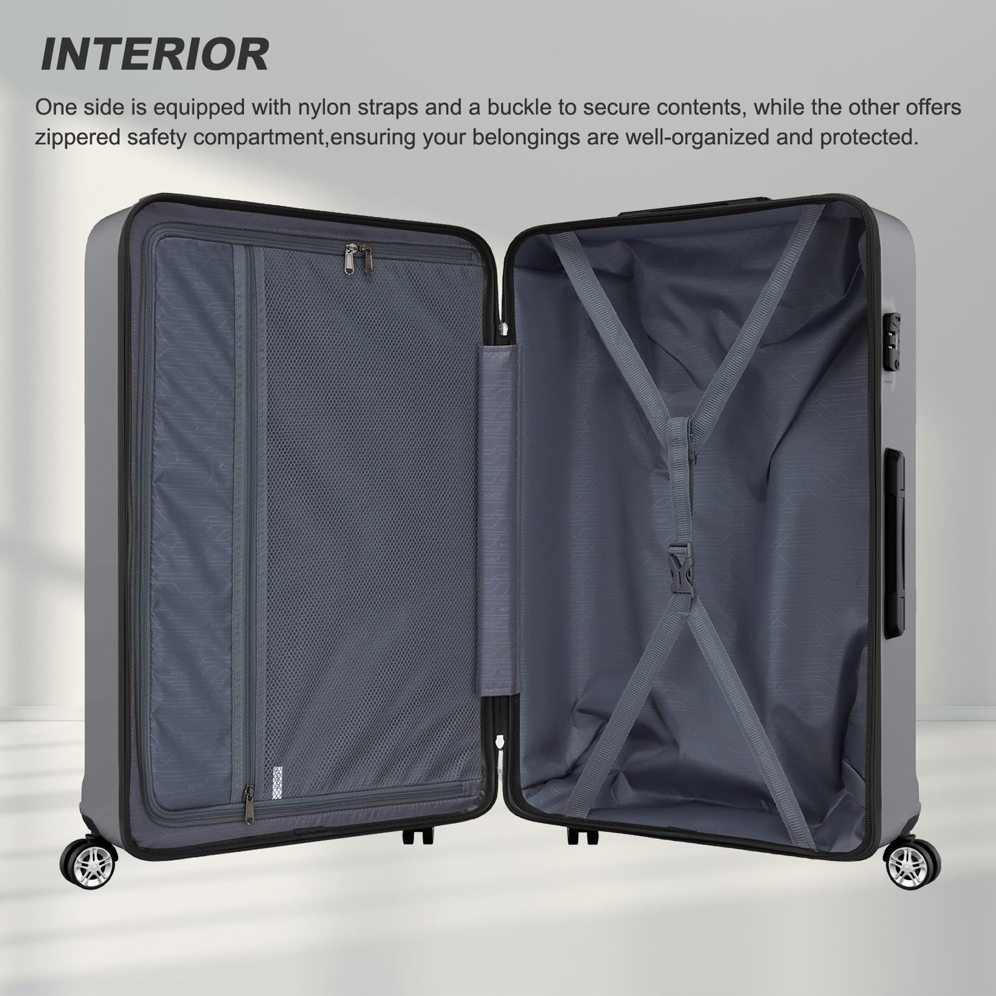 K1871-1L - Kono ABS+PC 32 Inch Extra-Large Suitcase, Sculpted Horizontal Design, Hard-Shell Wheeled Luggage with Telescopic Handle - Grey - Luggage eStore