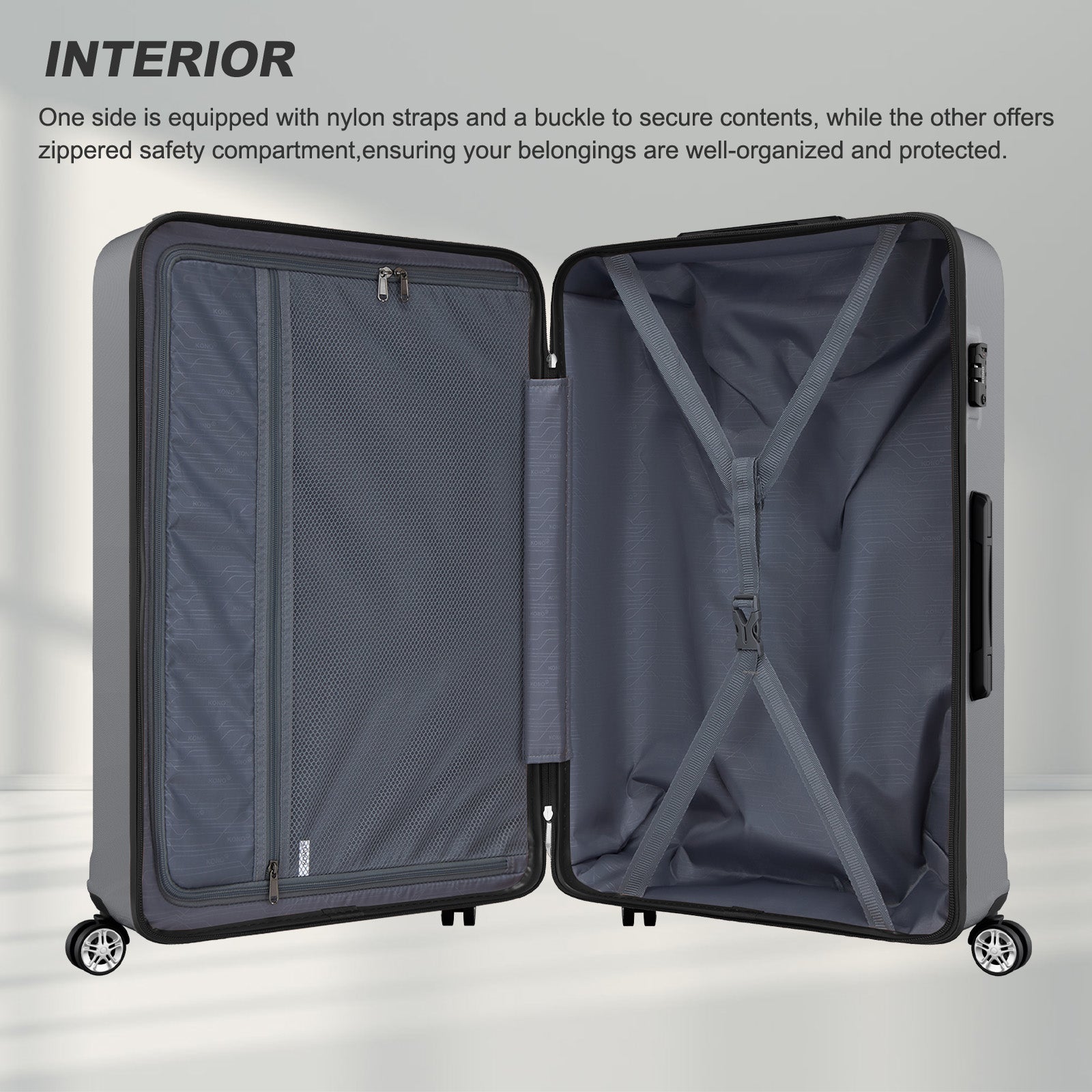 K1871-1L - Kono ABS+PC 32 Inch Extra-Large Suitcase, Sculpted Horizontal Design, Hard-Shell Wheeled Luggage with Telescopic Handle - Grey - Luggage eStore