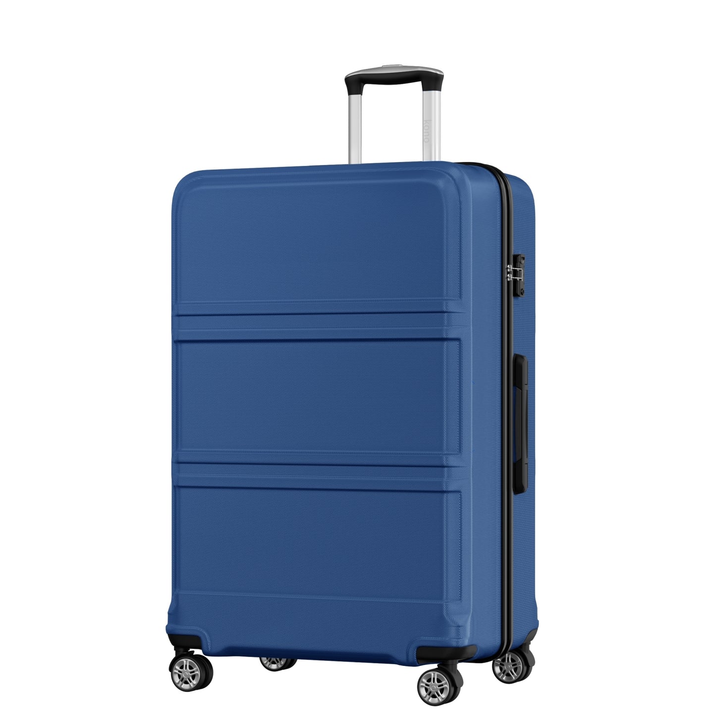 Blue suitcase with wheels and a handle on a white background