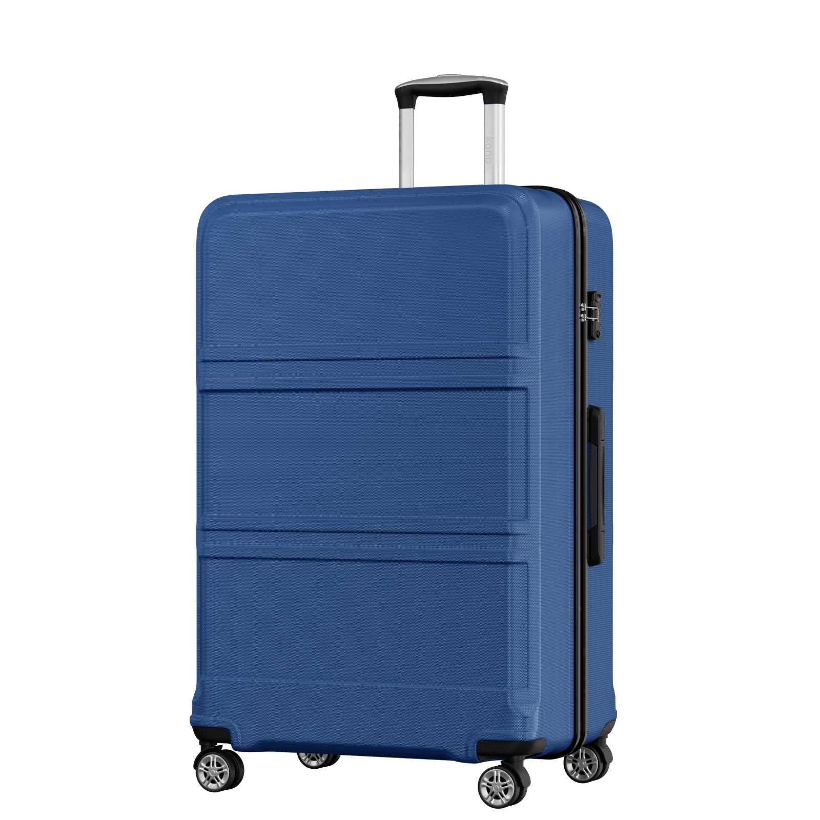 Blue suitcase with wheels and a handle on a white background