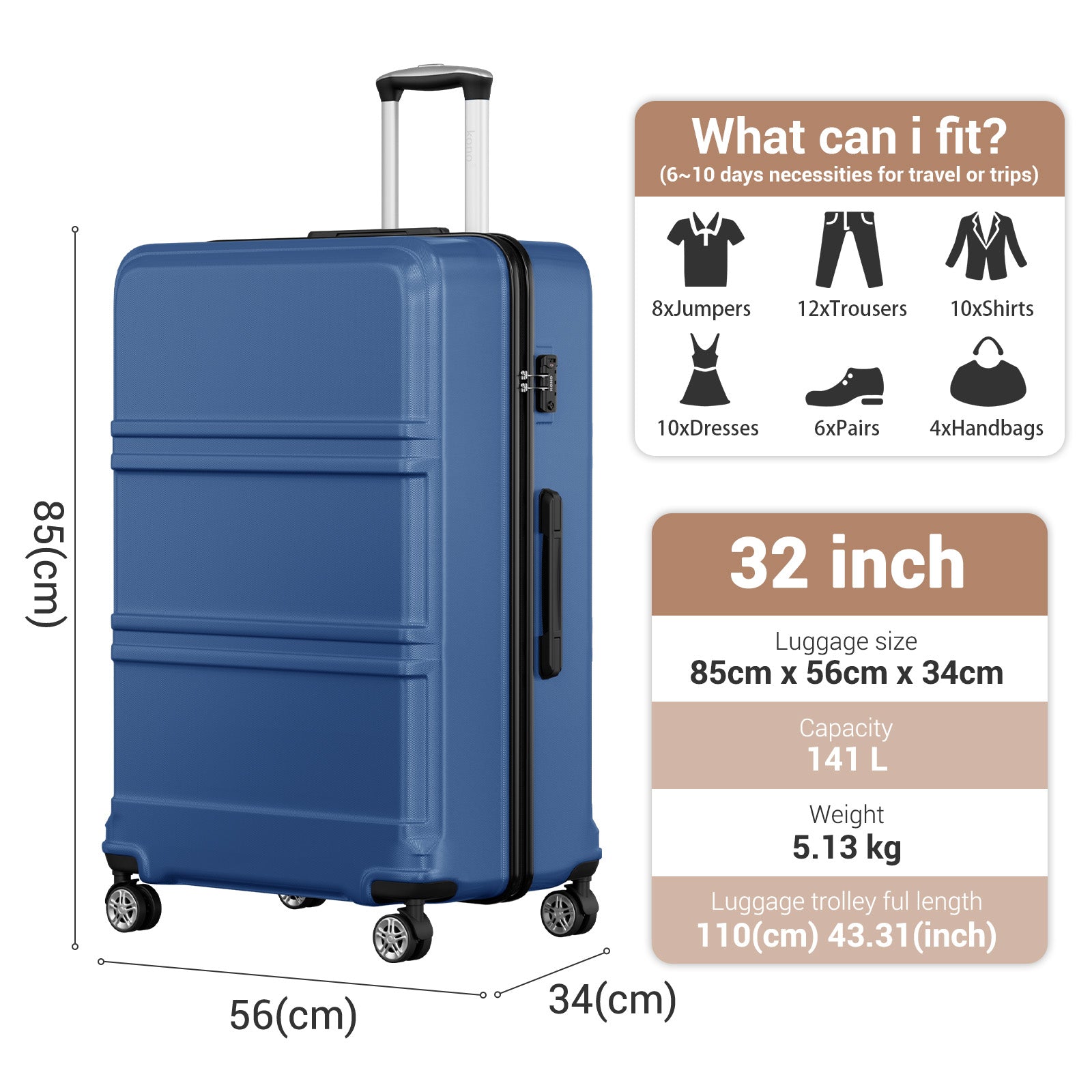 Blue suitcase with dimensions and capacity information on a white background